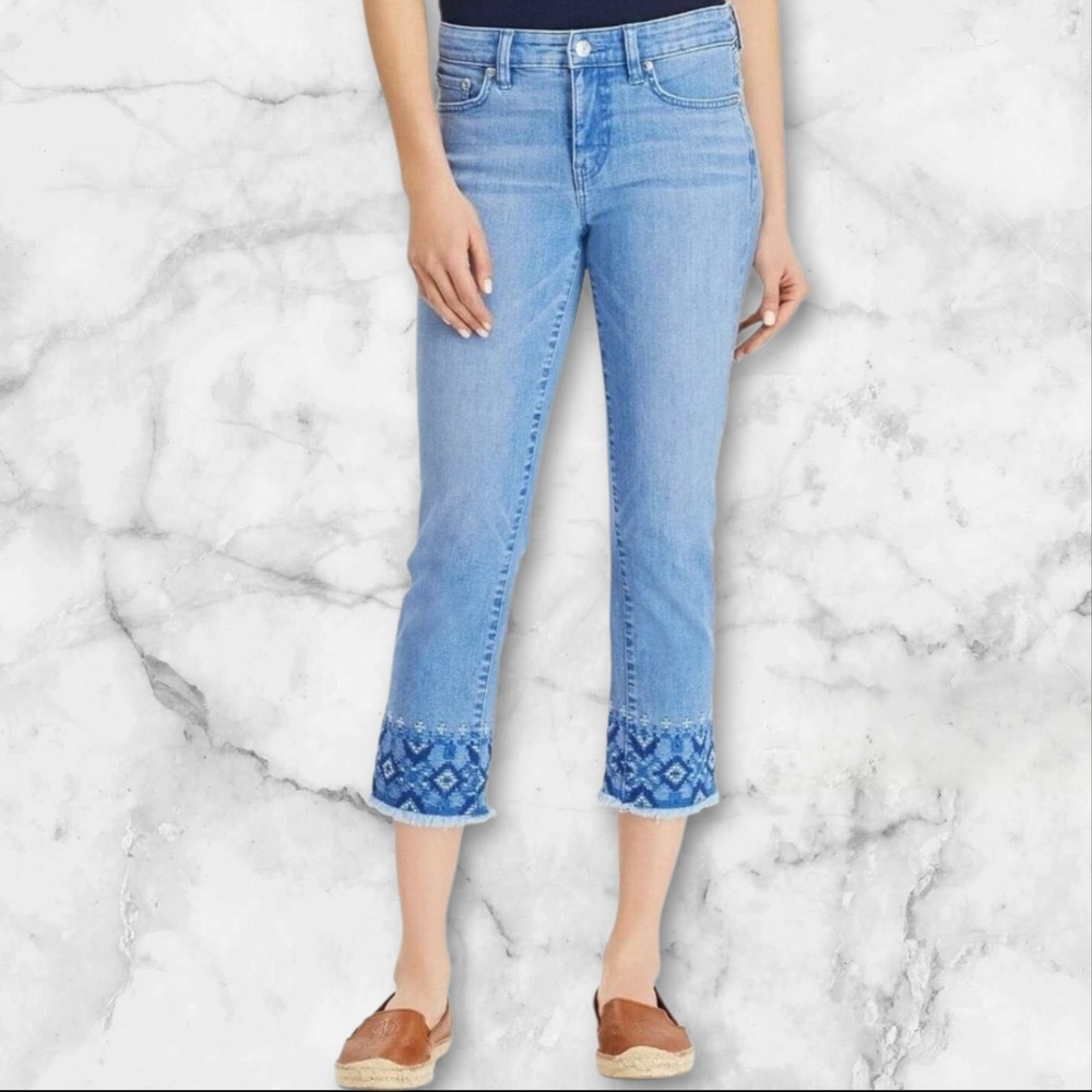 Lauren Ralph Lauren Women’s Crop Jeans Size 12 Blue Embroidered Hem Denim Pants
